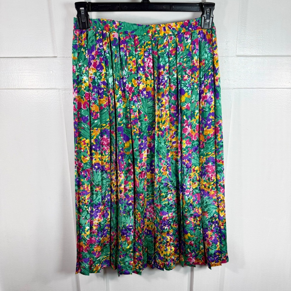 Andrea Gayle Vintage Floral Pleated Midi Skirt‎ Green Purple Pink Size S USA